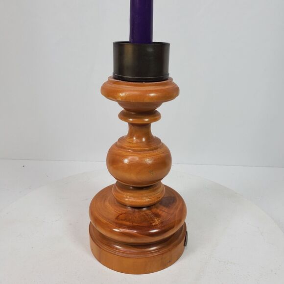 Vintage Wood Candle Holder ART 9 Inch Tall (w/ purple candle) - Picture 2 of 7